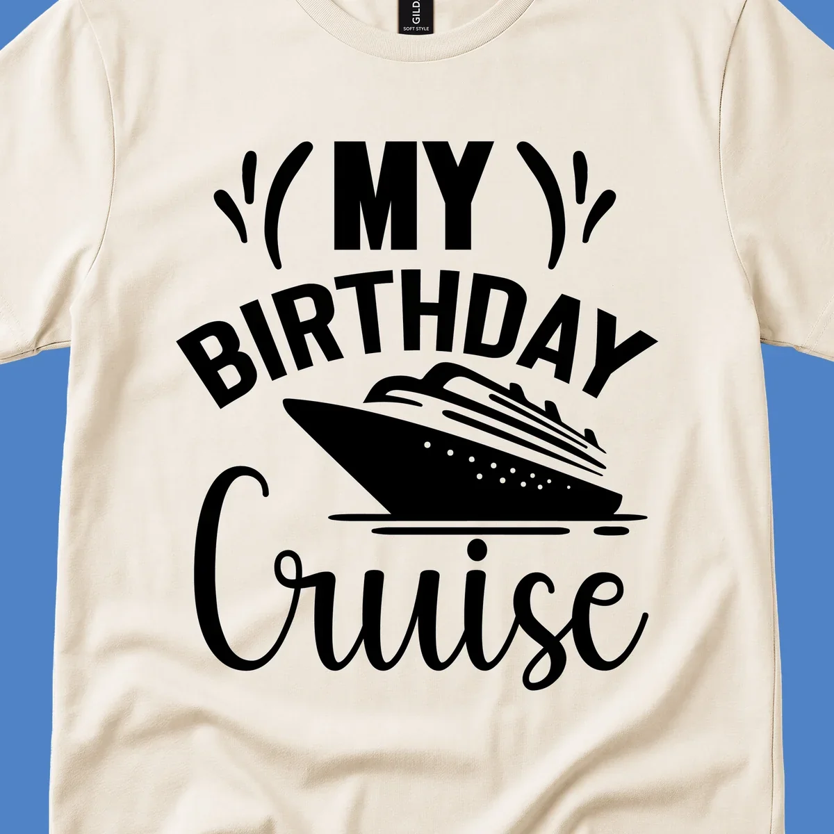 Birthday cruise celebration design with ship and waves graphic and bold text