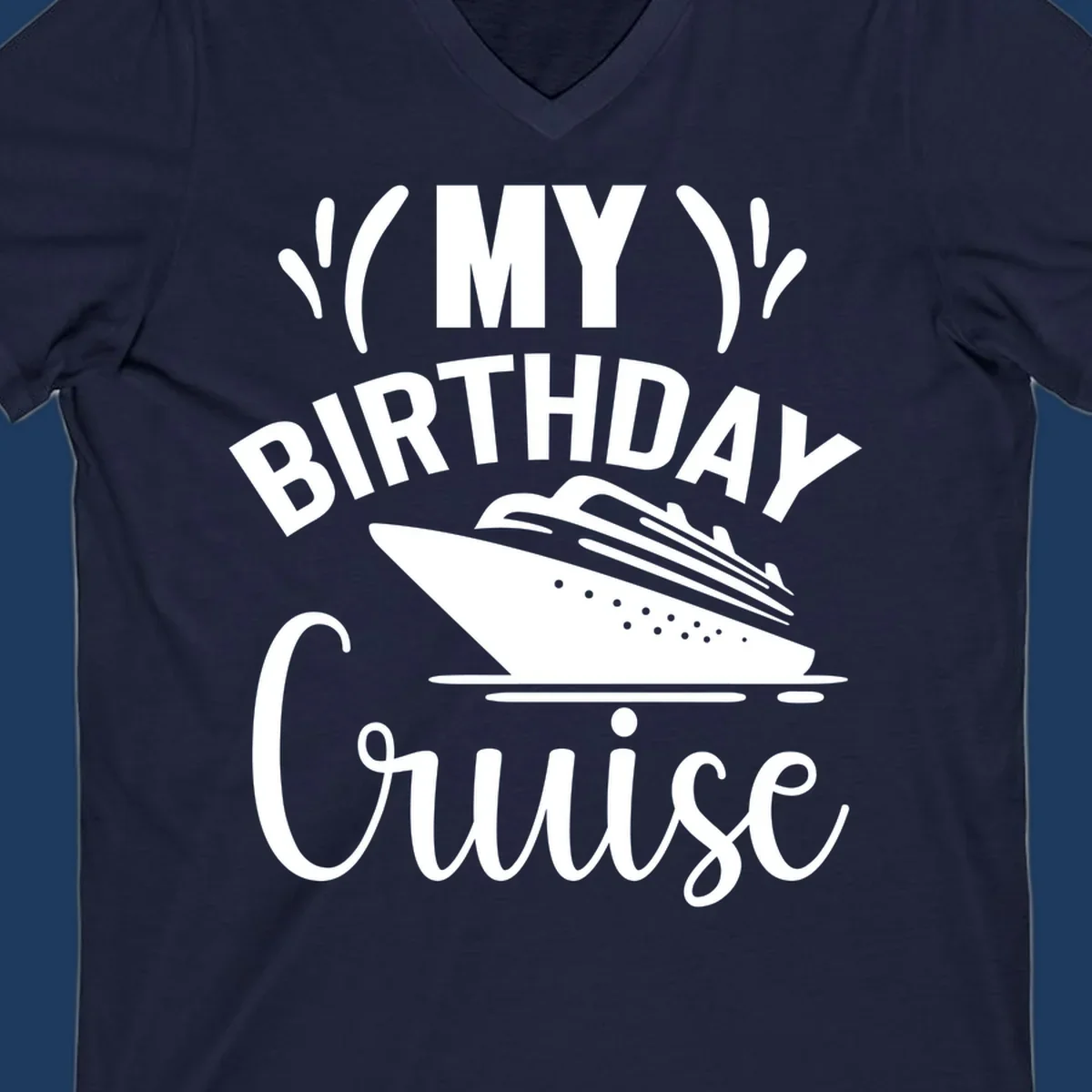 Birthday cruise celebration design with ship and waves graphic and bold text