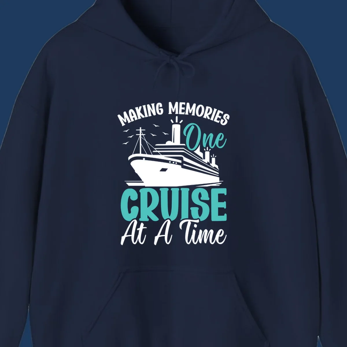 Vintage cruise ship illustration with text 'Making Memories One Cruise At A Time' in turquoise and white on gray background