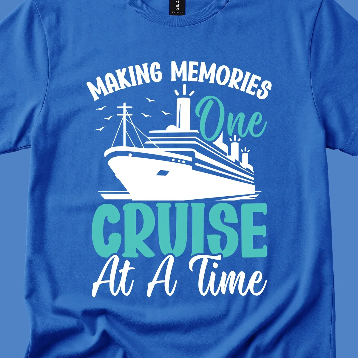 Vintage cruise ship illustration with text 'Making Memories One Cruise At A Time' in turquoise and white on gray background