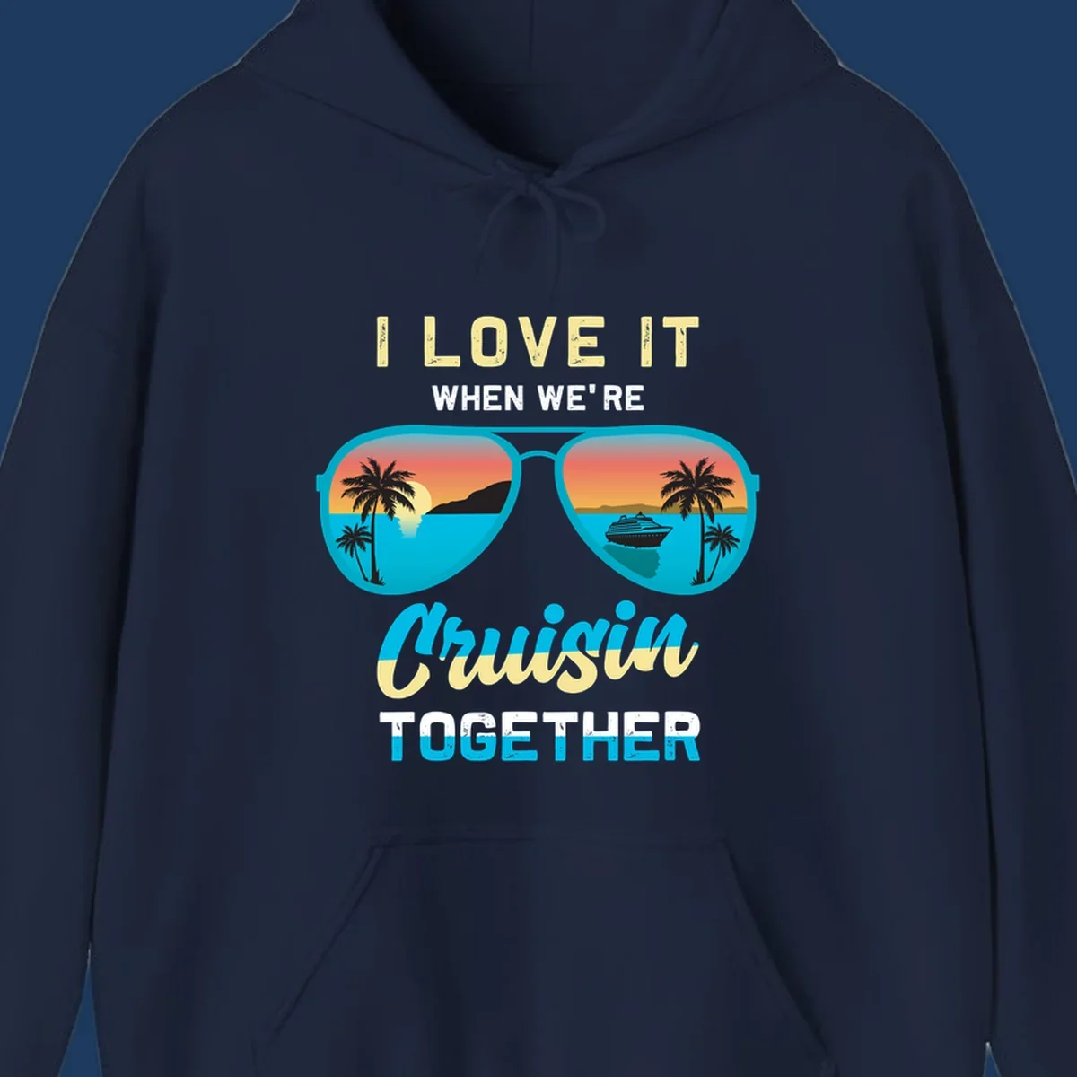 Turquoise sunglasses with tropical cruise scenes inside, text reads 'I love it when we're cruisin together'