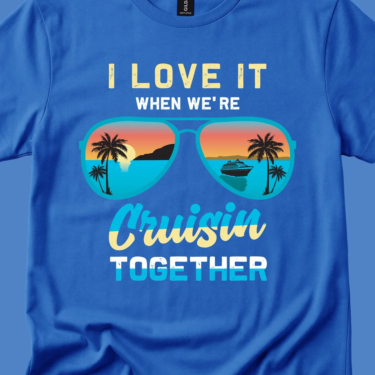 Turquoise sunglasses with tropical cruise scenes inside, text reads 'I love it when we're cruisin together'