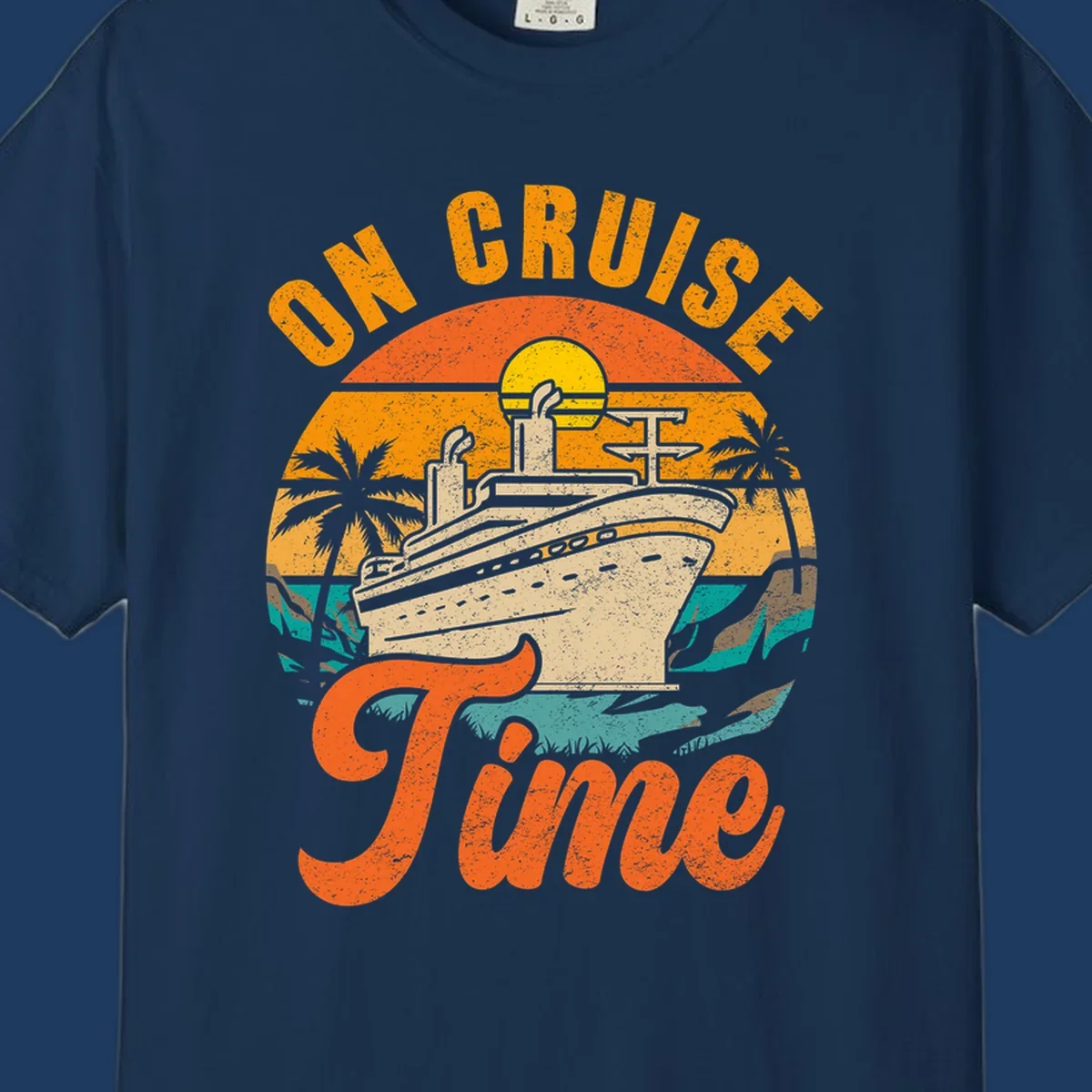 Retro vintage design with cruise ship at sunset, palm trees, and 'On Cruise Time' text in orange and yellow