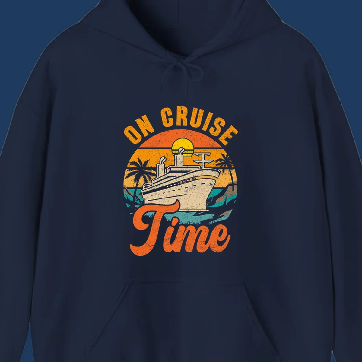 Retro vintage design with cruise ship at sunset, palm trees, and 'On Cruise Time' text in orange and yellow