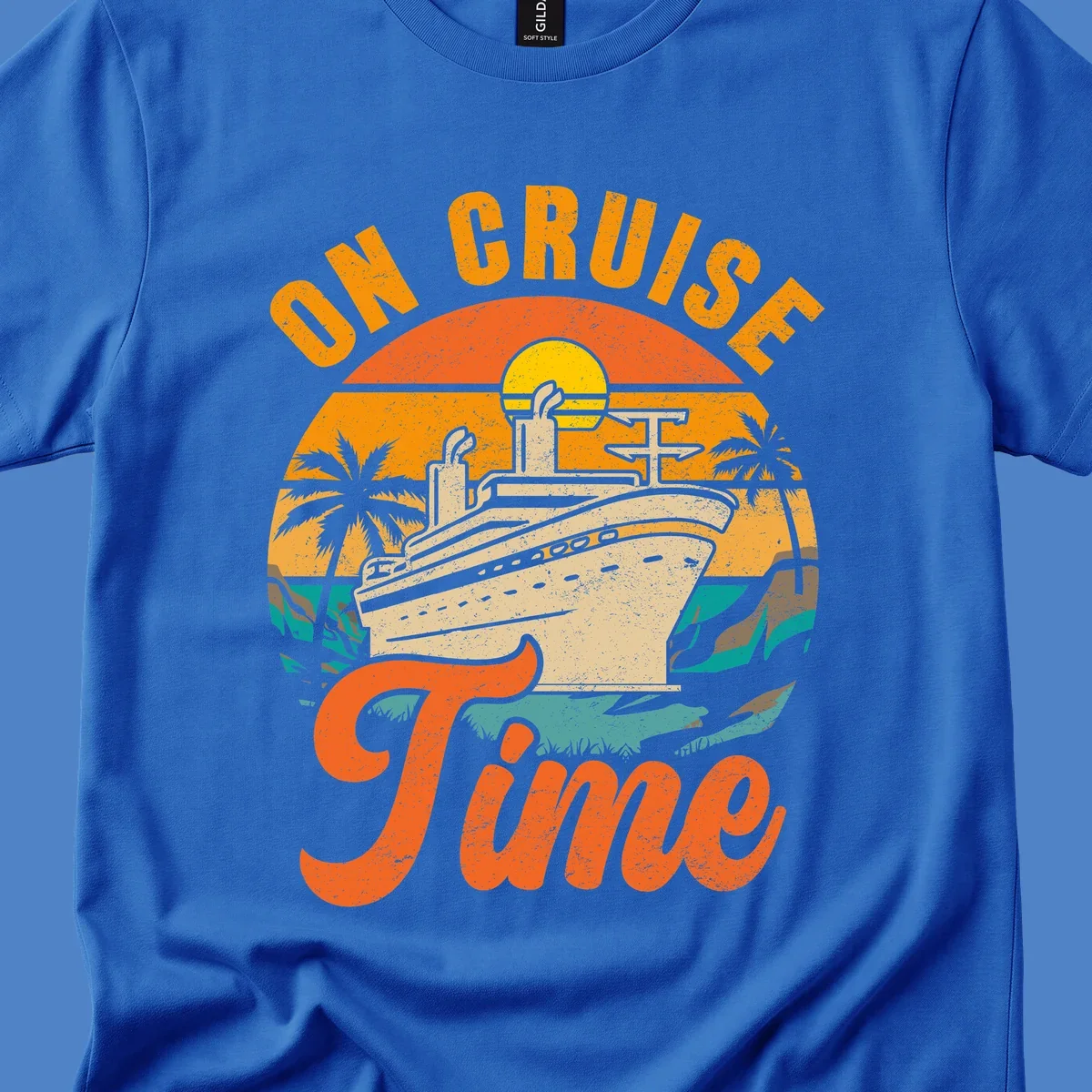 Retro vintage design with cruise ship at sunset, palm trees, and 'On Cruise Time' text in orange and yellow