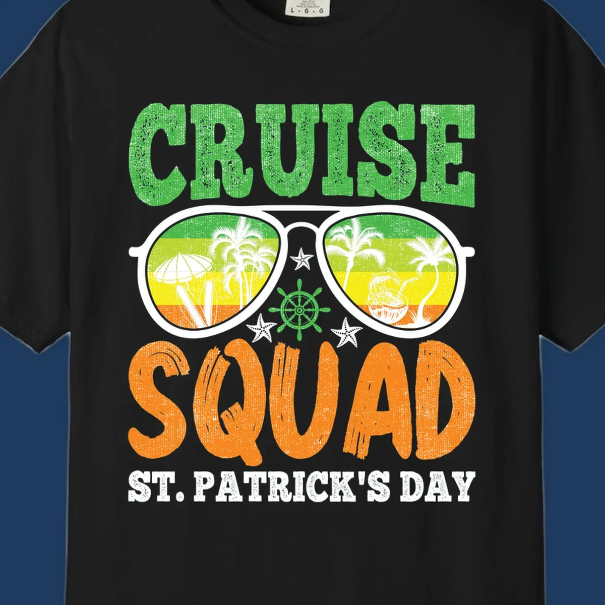 Cruise squad St Patrick's Day design with tropical sunglasses, palm trees, and beach scenes in green and orange