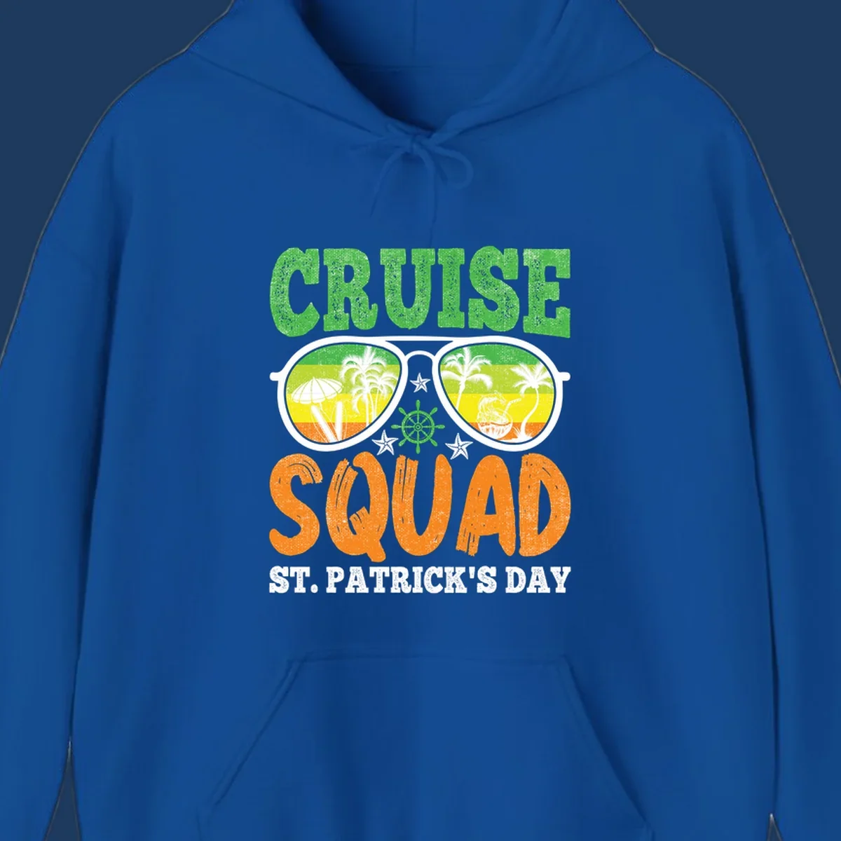 Cruise squad St Patrick's Day design with tropical sunglasses, palm trees, and beach scenes in green and orange