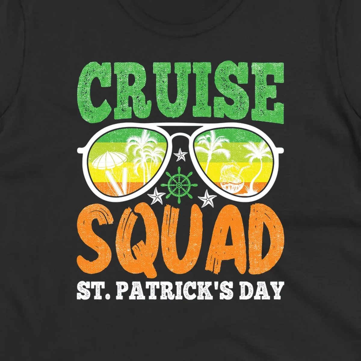 Cruise squad St Patrick's Day design with tropical sunglasses, palm trees, and beach scenes in green and orange