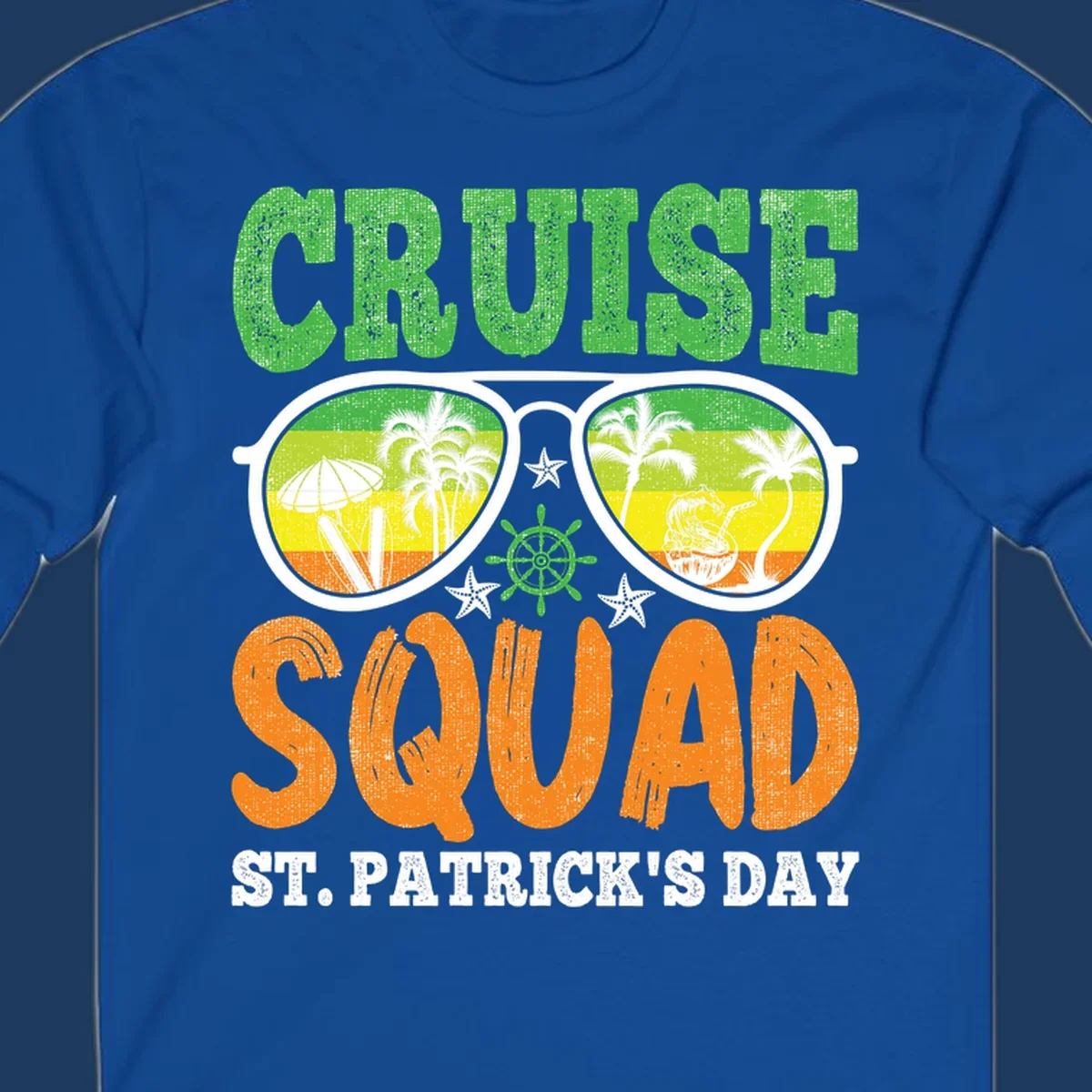Cruise squad St Patrick's Day design with tropical sunglasses, palm trees, and beach scenes in green and orange
