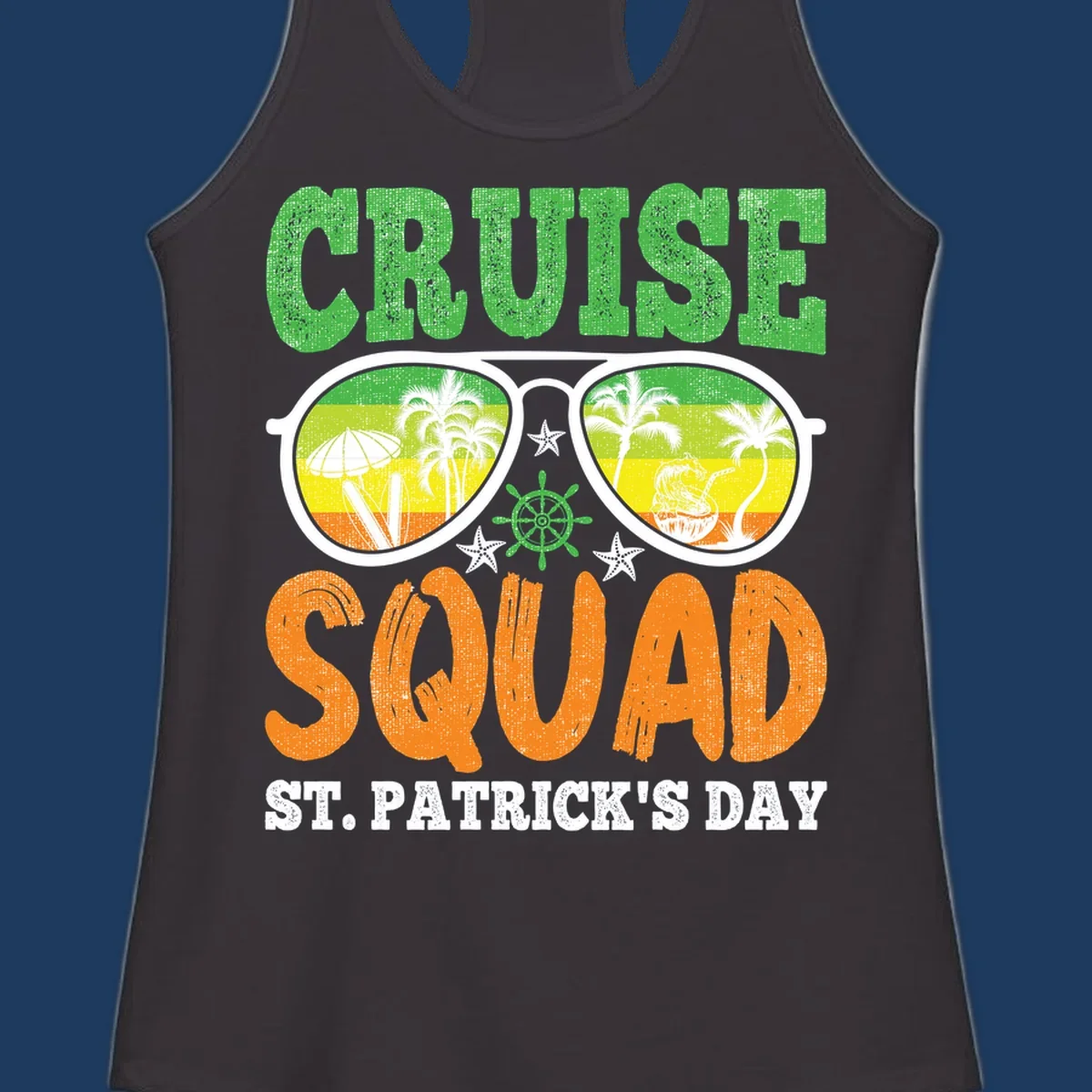 Cruise squad St Patrick's Day design with tropical sunglasses, palm trees, and beach scenes in green and orange