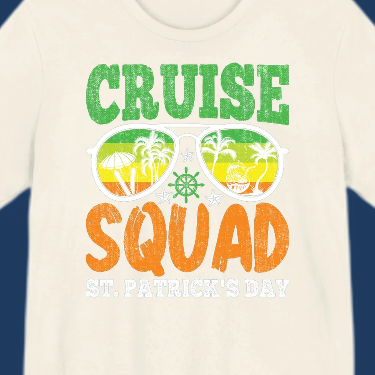 Cruise squad St Patrick's Day design with tropical sunglasses, palm trees, and beach scenes in green and orange