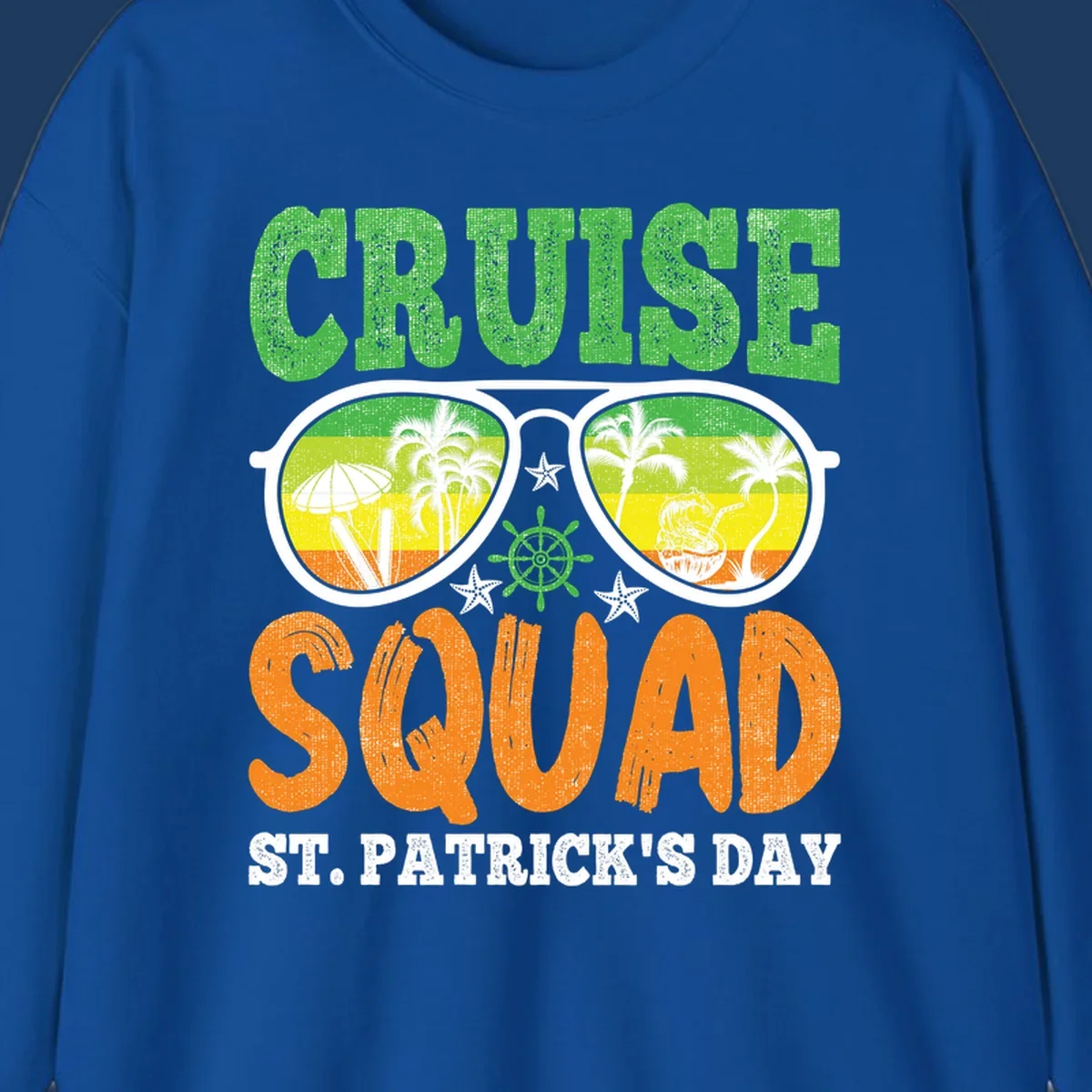 Cruise squad St Patrick's Day design with tropical sunglasses, palm trees, and beach scenes in green and orange