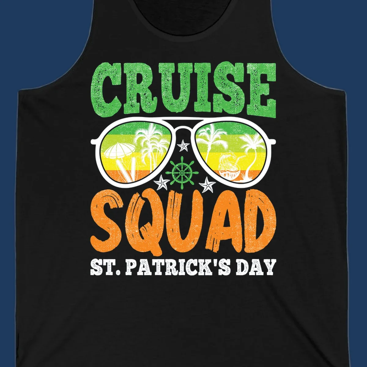 Cruise squad St Patrick's Day design with tropical sunglasses, palm trees, and beach scenes in green and orange