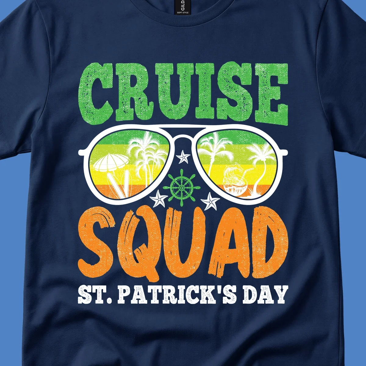 Cruise squad St Patrick's Day design with tropical sunglasses, palm trees, and beach scenes in green and orange