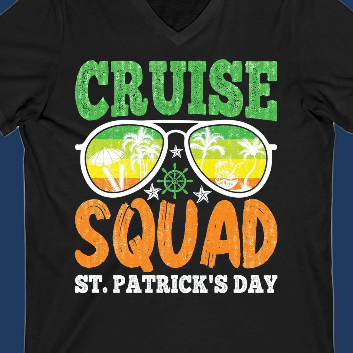 Cruise squad St Patrick's Day design with tropical sunglasses, palm trees, and beach scenes in green and orange
