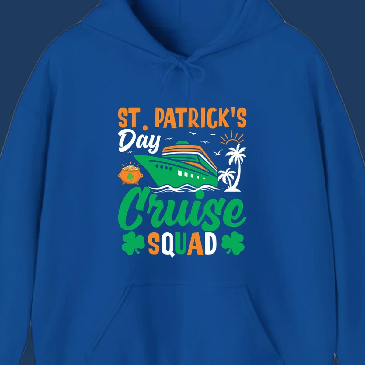 St. Patrick's Day cruise squad design with green ship, shamrocks, palm trees, pot of gold, and sun on gray background