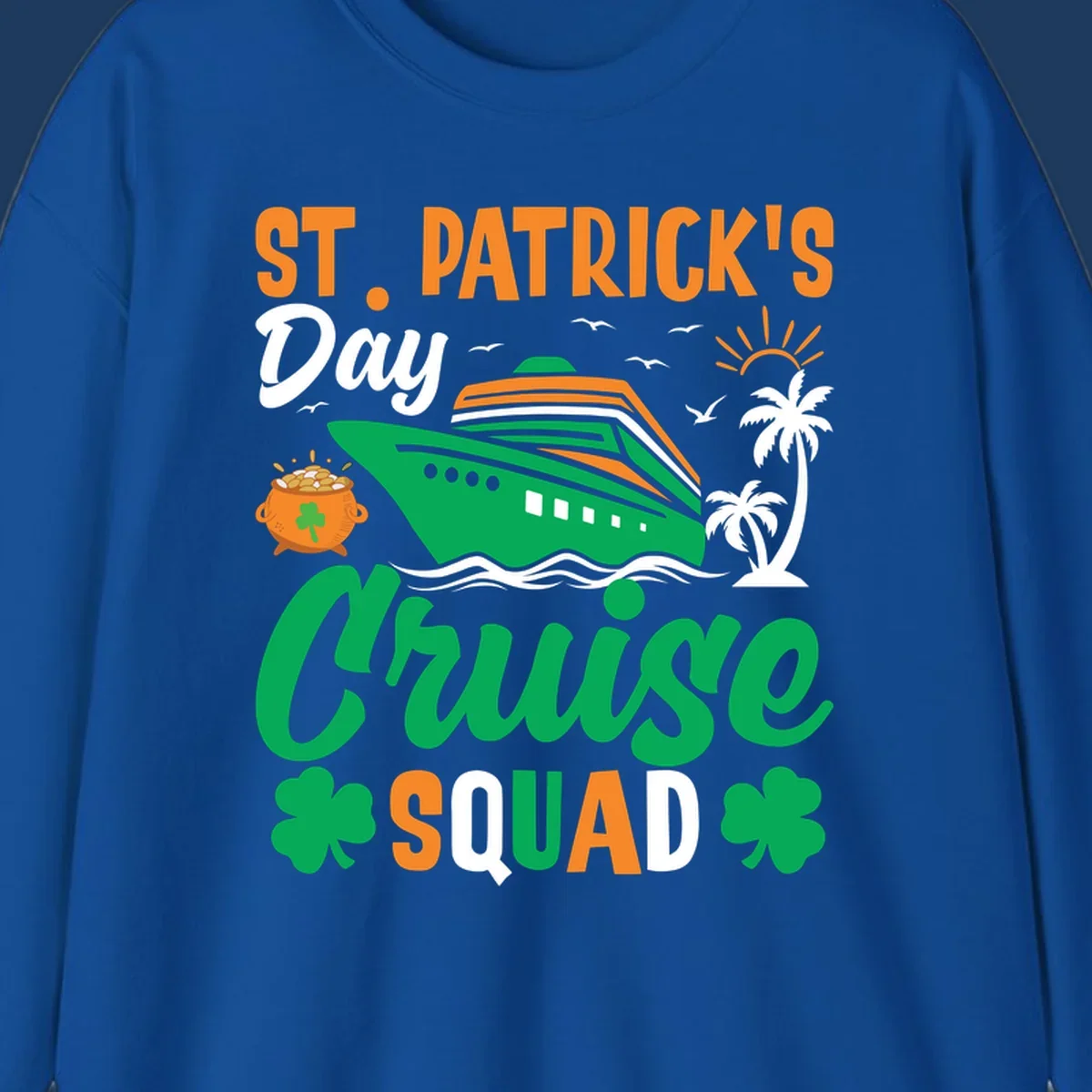 St. Patrick's Day cruise squad design with green ship, shamrocks, palm trees, pot of gold, and sun on gray background