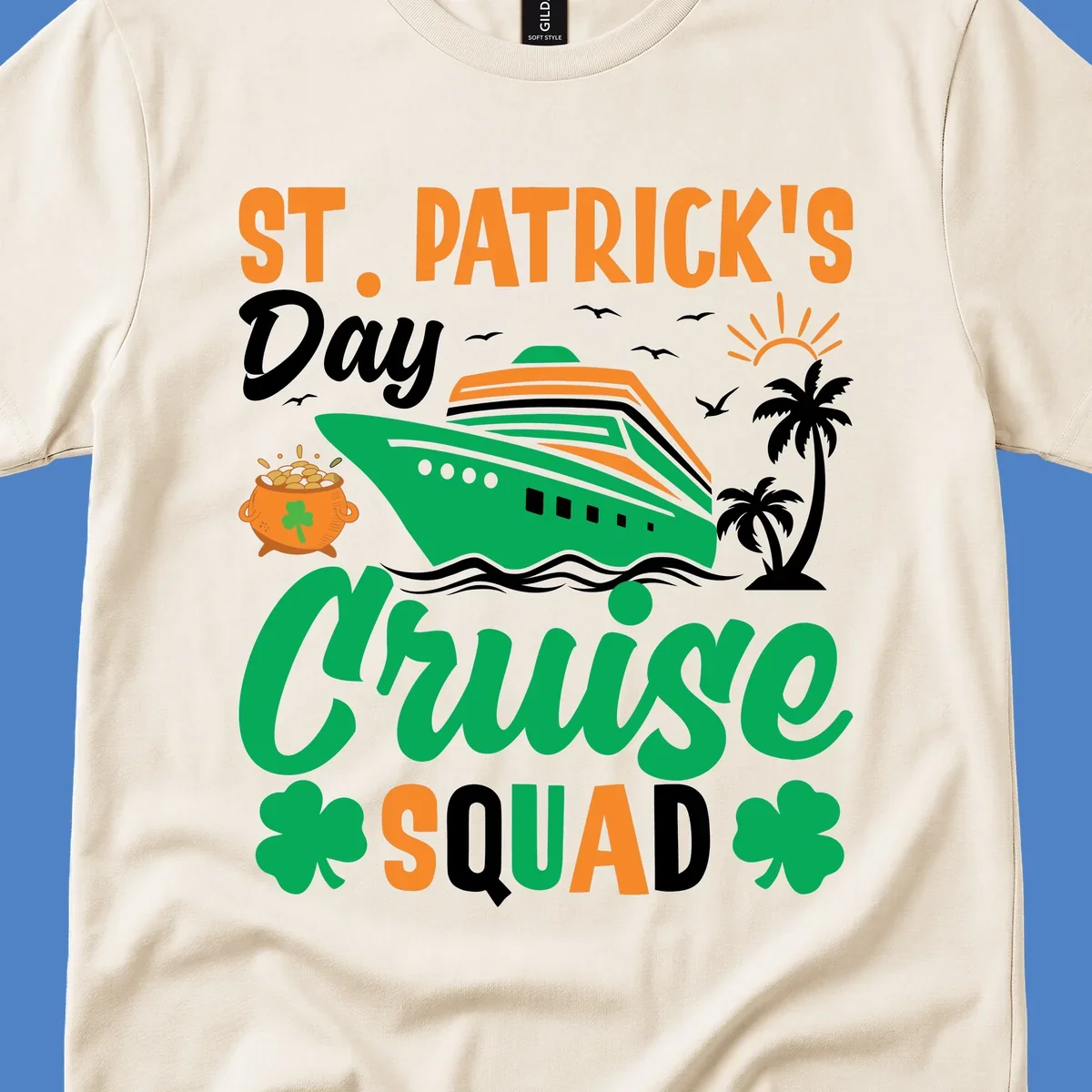 St. Patrick's Day cruise squad design with green ship, shamrocks, palm trees, pot of gold, and sun on gray background