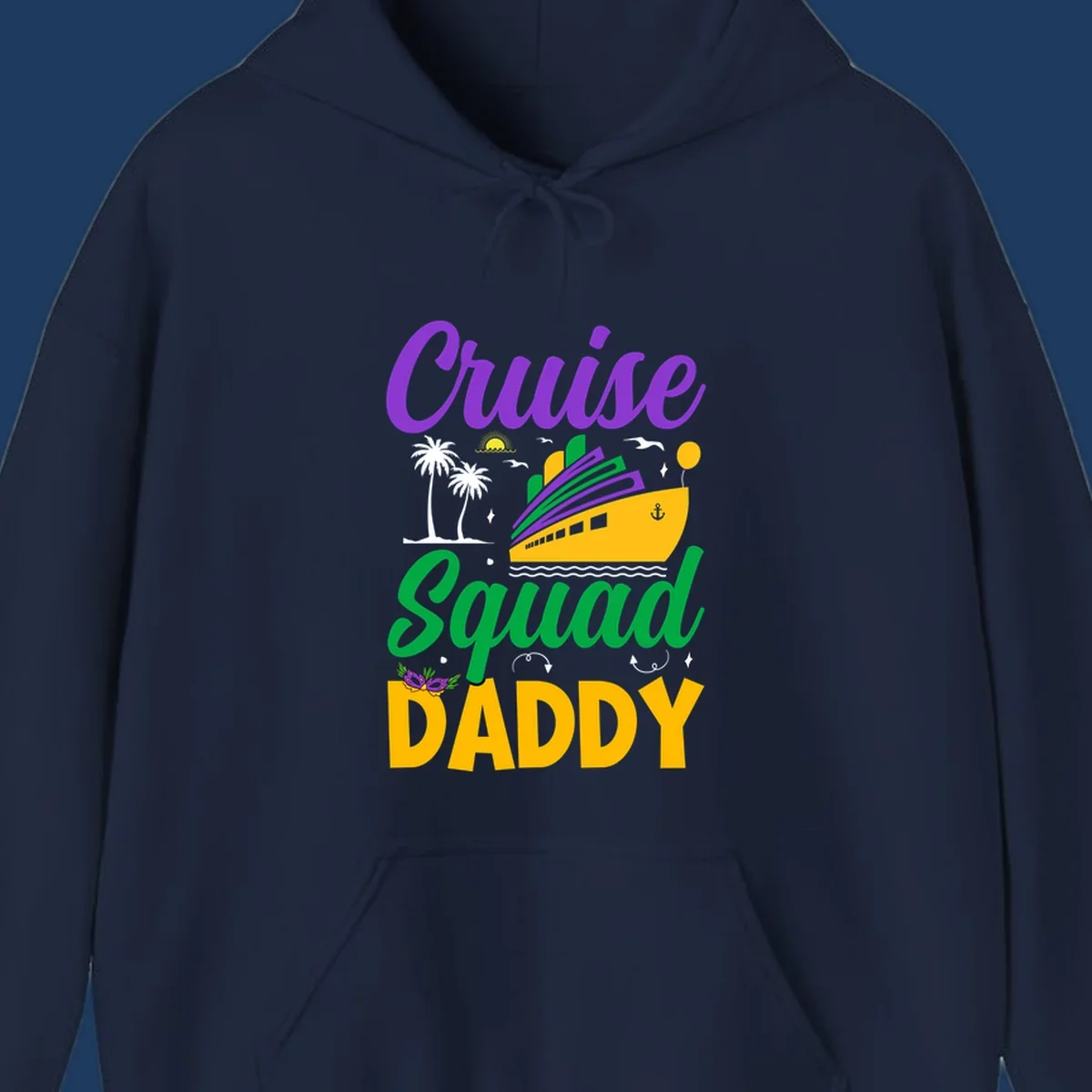 Cruise Squad Daddy design with purple text, yellow cruise ship, palm trees, and tropical party elements on gray background