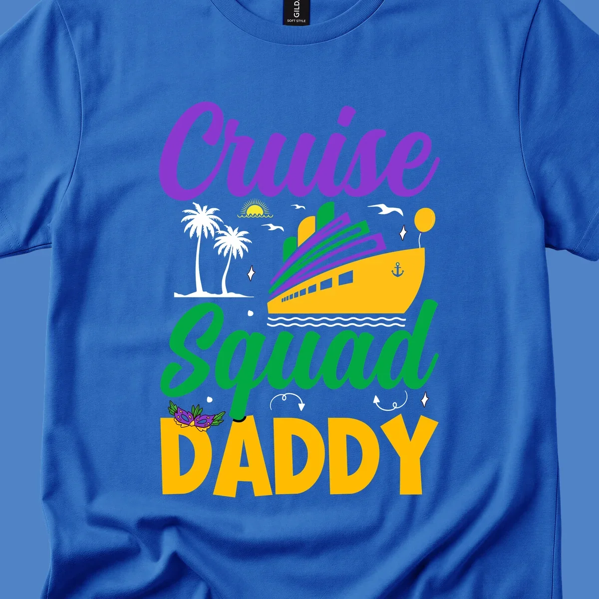 Cruise Squad Daddy design with purple text, yellow cruise ship, palm trees, and tropical party elements on gray background