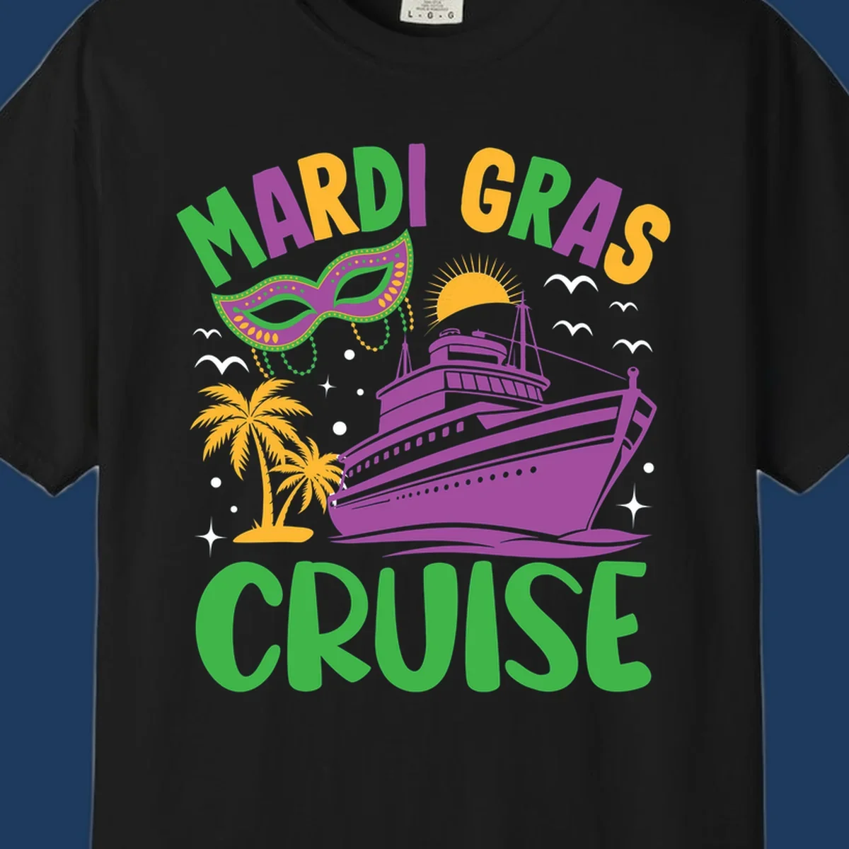 Mardi gras cruise ship design with purple vessel, ornate green masquerade mask, palm trees, sun, and festive beads on gray background