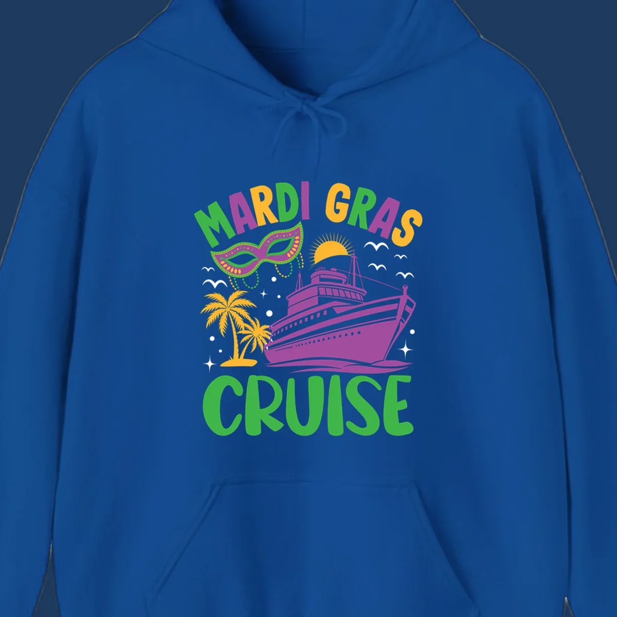 Mardi gras cruise ship design with purple vessel, ornate green masquerade mask, palm trees, sun, and festive beads on gray background