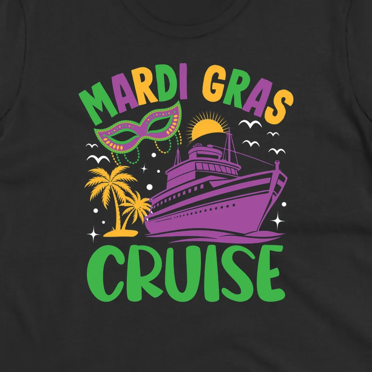 Mardi gras cruise ship design with purple vessel, ornate green masquerade mask, palm trees, sun, and festive beads on gray background