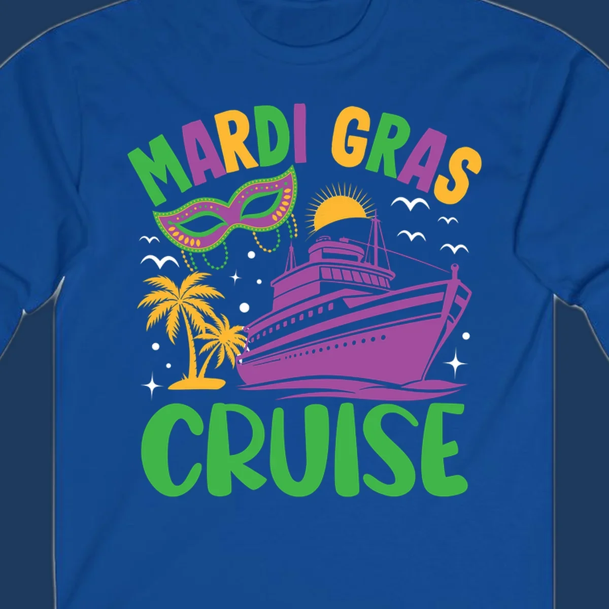 Mardi gras cruise ship design with purple vessel, ornate green masquerade mask, palm trees, sun, and festive beads on gray background