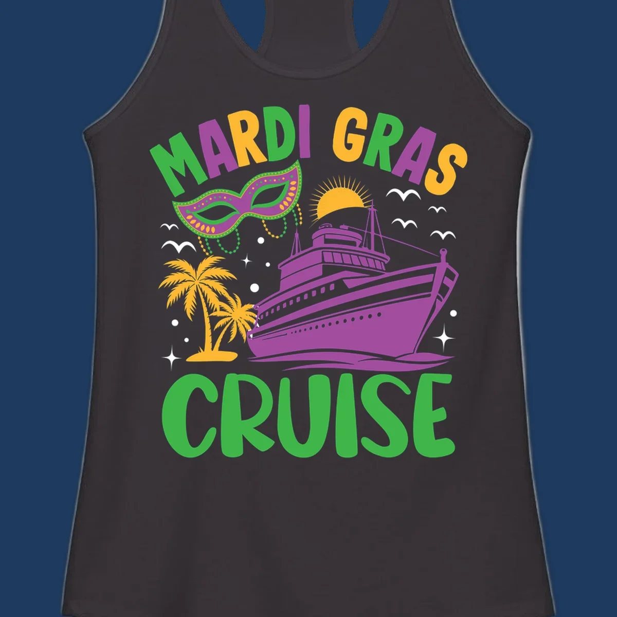 Mardi gras cruise ship design with purple vessel, ornate green masquerade mask, palm trees, sun, and festive beads on gray background
