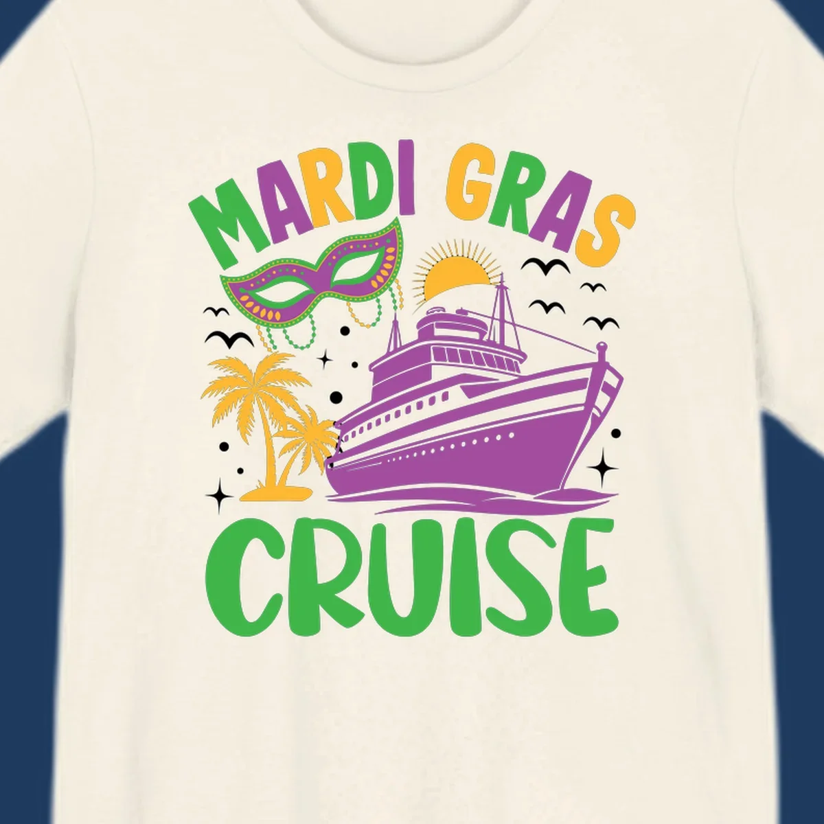 Mardi gras cruise ship design with purple vessel, ornate green masquerade mask, palm trees, sun, and festive beads on gray background