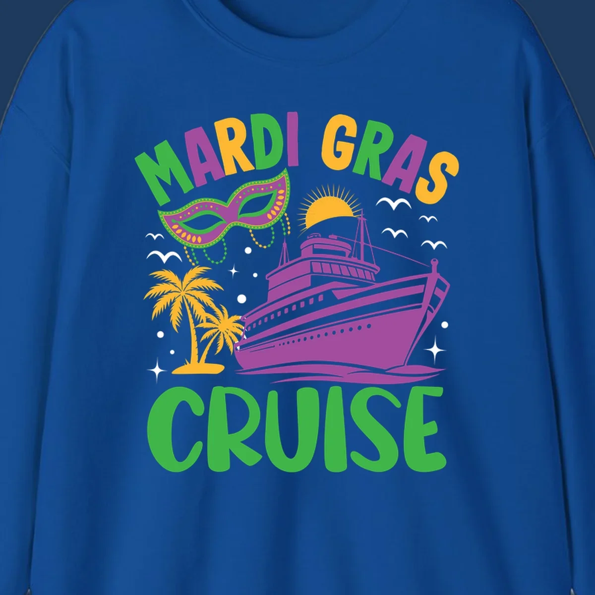 Mardi gras cruise ship design with purple vessel, ornate green masquerade mask, palm trees, sun, and festive beads on gray background