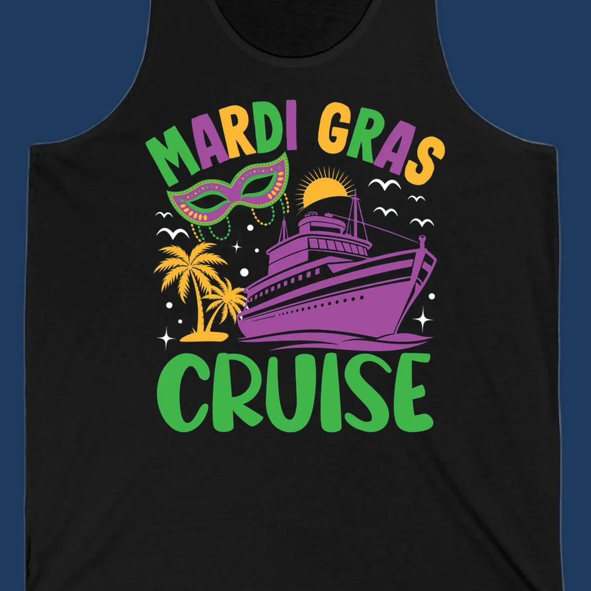 Mardi gras cruise ship design with purple vessel, ornate green masquerade mask, palm trees, sun, and festive beads on gray background