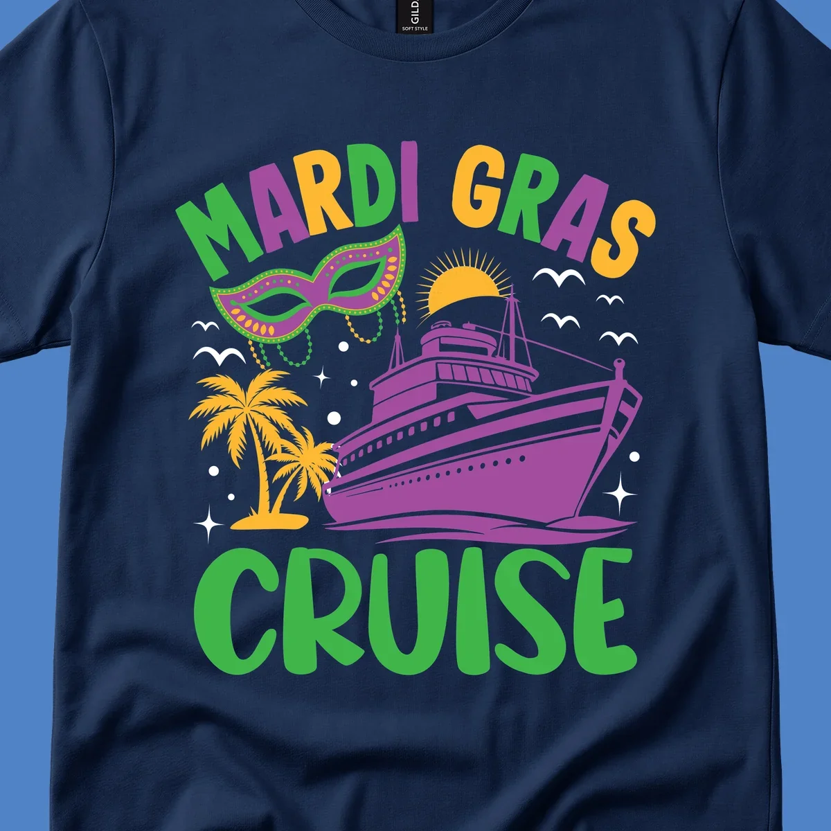Mardi gras cruise ship design with purple vessel, ornate green masquerade mask, palm trees, sun, and festive beads on gray background