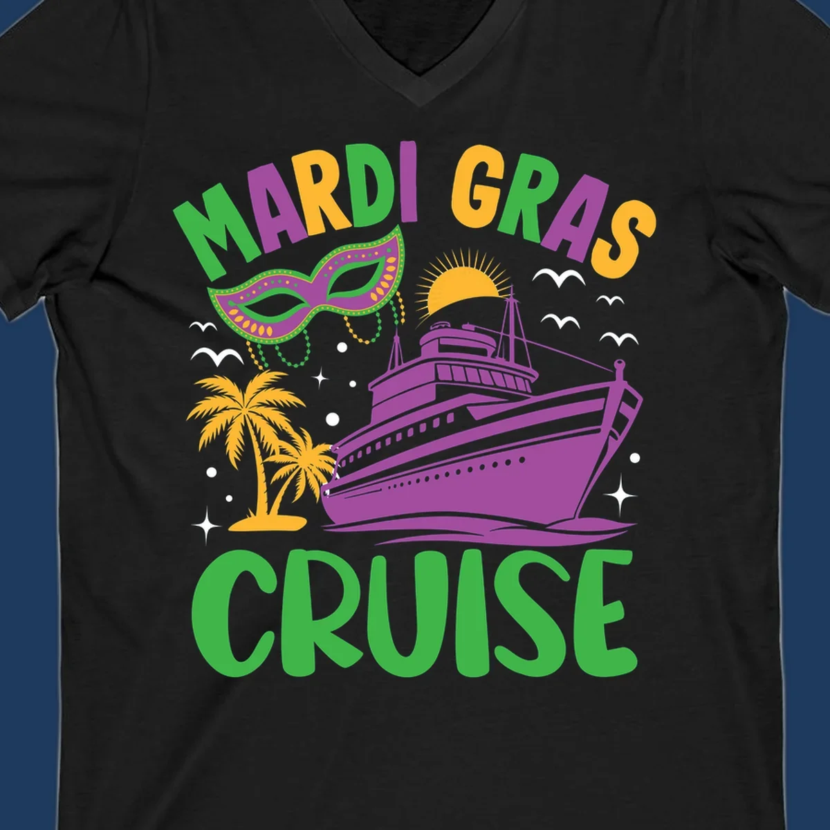 Mardi gras cruise ship design with purple vessel, ornate green masquerade mask, palm trees, sun, and festive beads on gray background