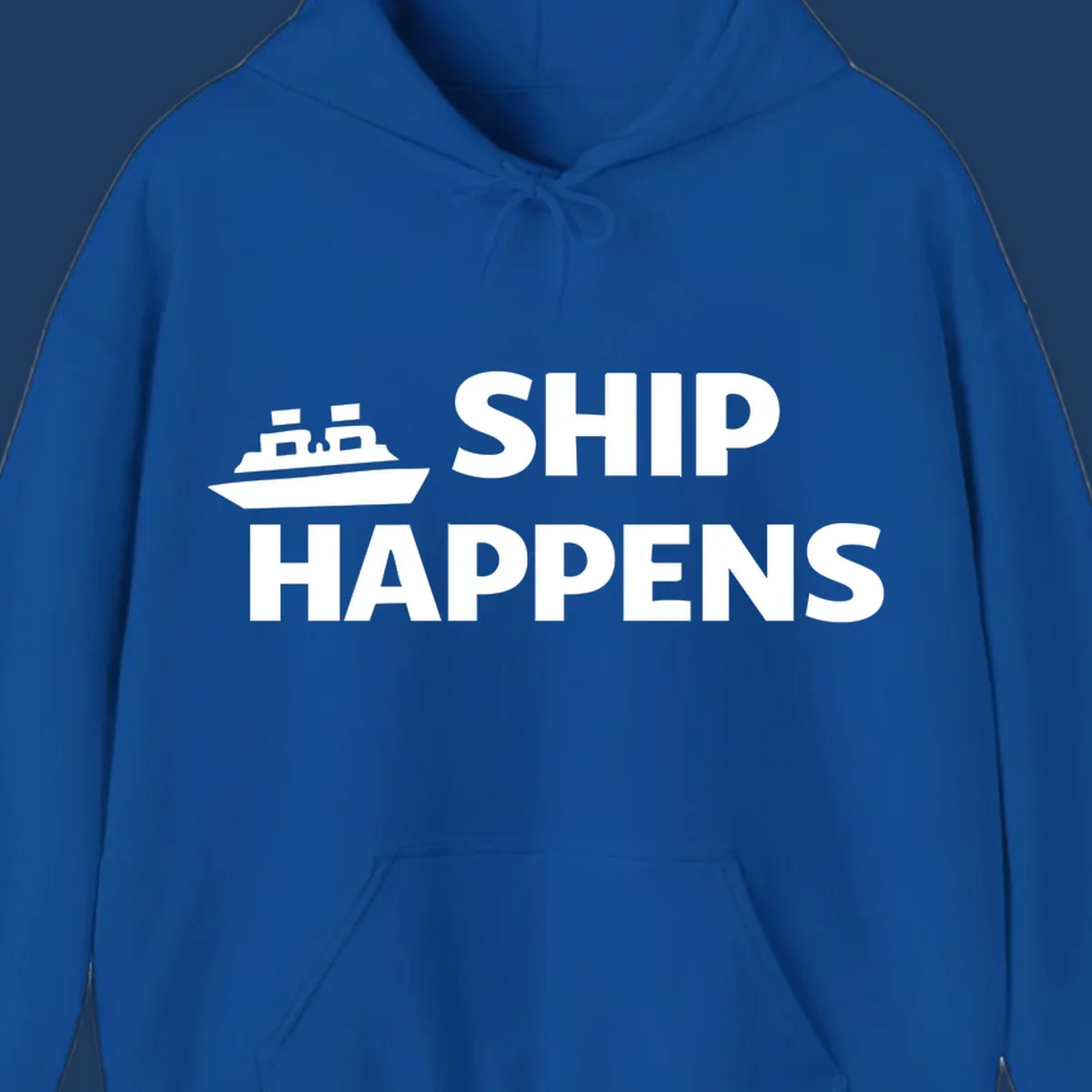 White cruise ship illustration with bold text reading 'Ship Happens' on gray background—nautical pun design