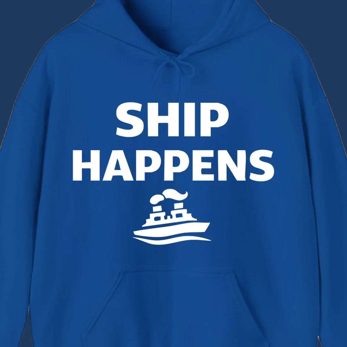 Ship Happens design with bold white text and cruise ship illustration on gray background