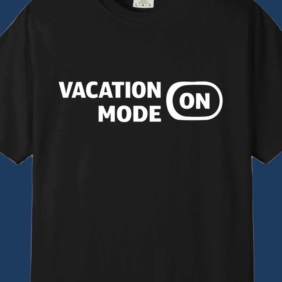 White text reading 'VACATION MODE ON' with 'ON' in a rounded button outline on gray background, vacation-mode-on design