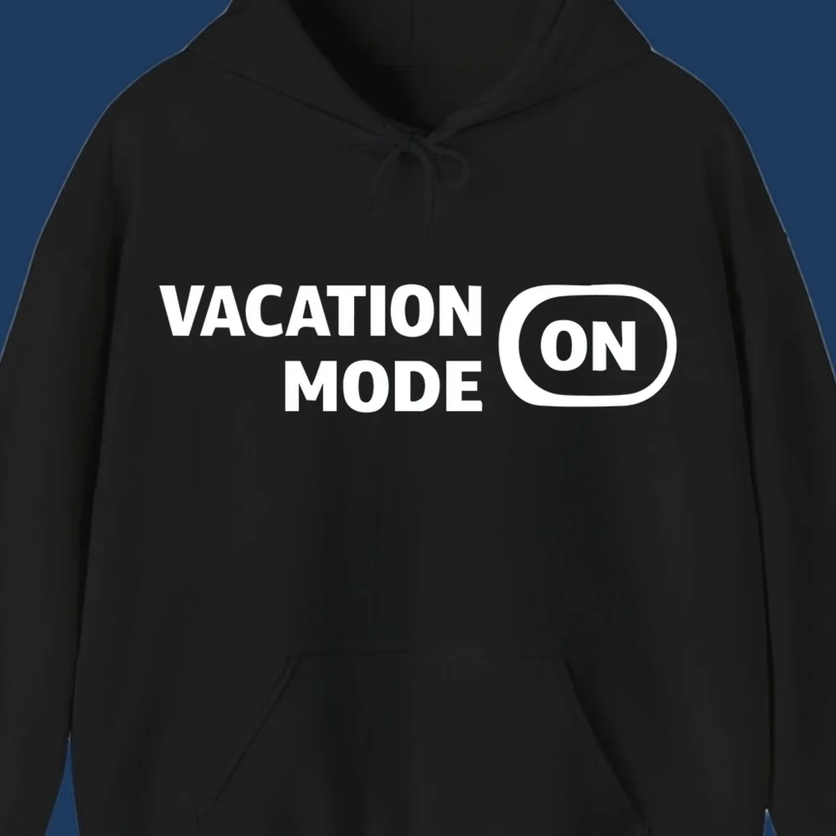 White text reading 'VACATION MODE ON' with 'ON' in a rounded button outline on gray background, vacation-mode-on design