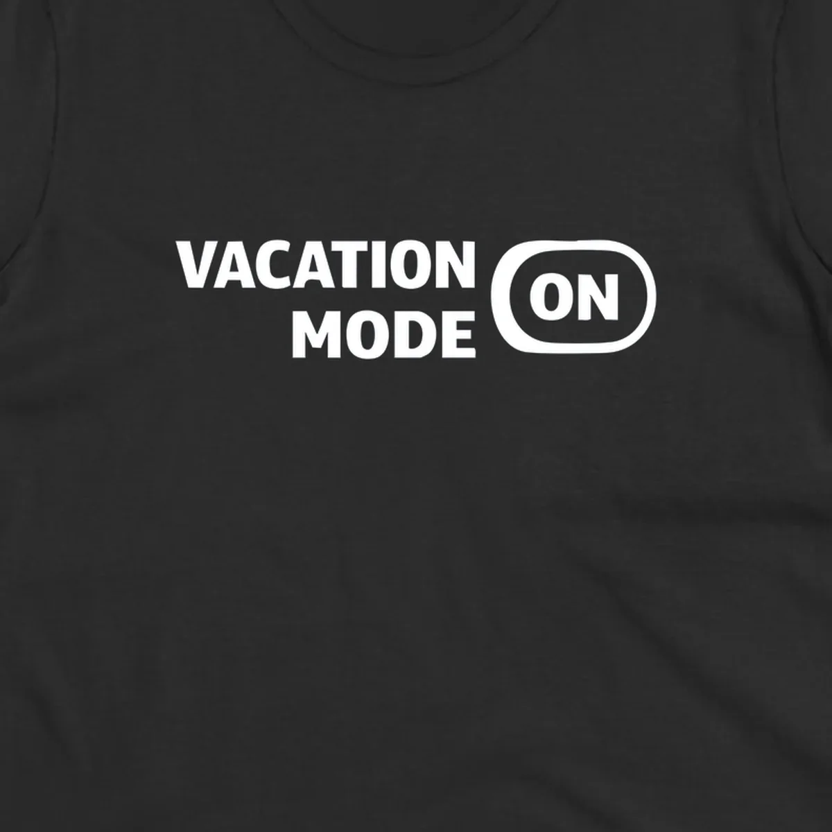 White text reading 'VACATION MODE ON' with 'ON' in a rounded button outline on gray background, vacation-mode-on design
