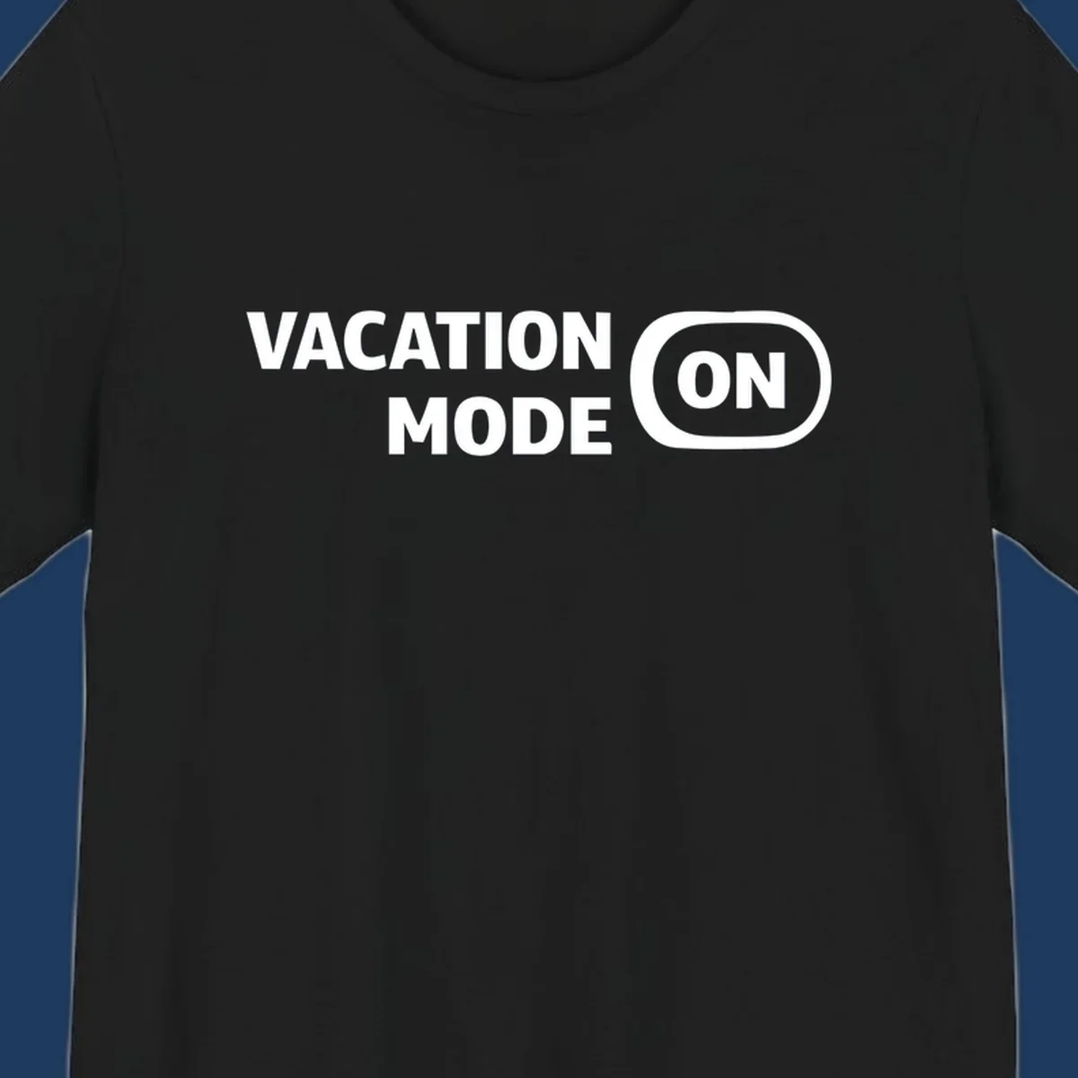 White text reading 'VACATION MODE ON' with 'ON' in a rounded button outline on gray background, vacation-mode-on design