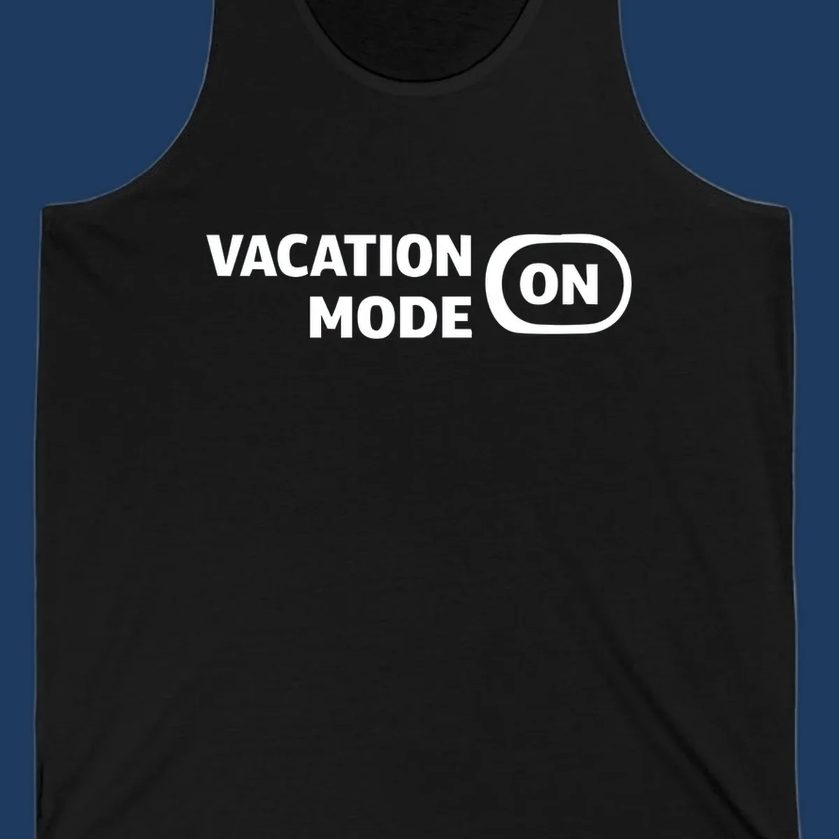 White text reading 'VACATION MODE ON' with 'ON' in a rounded button outline on gray background, vacation-mode-on design