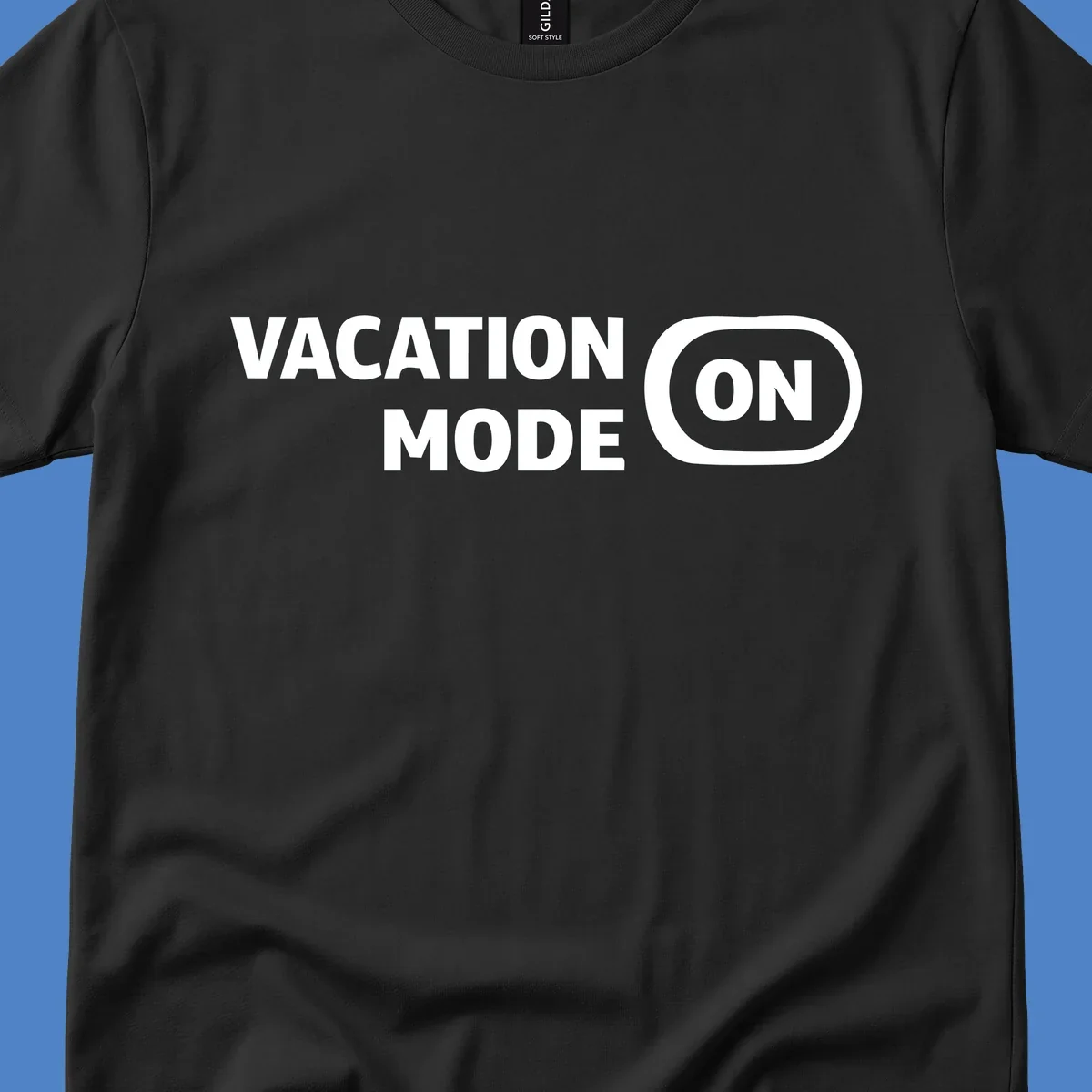 White text reading 'VACATION MODE ON' with 'ON' in a rounded button outline on gray background, vacation-mode-on design