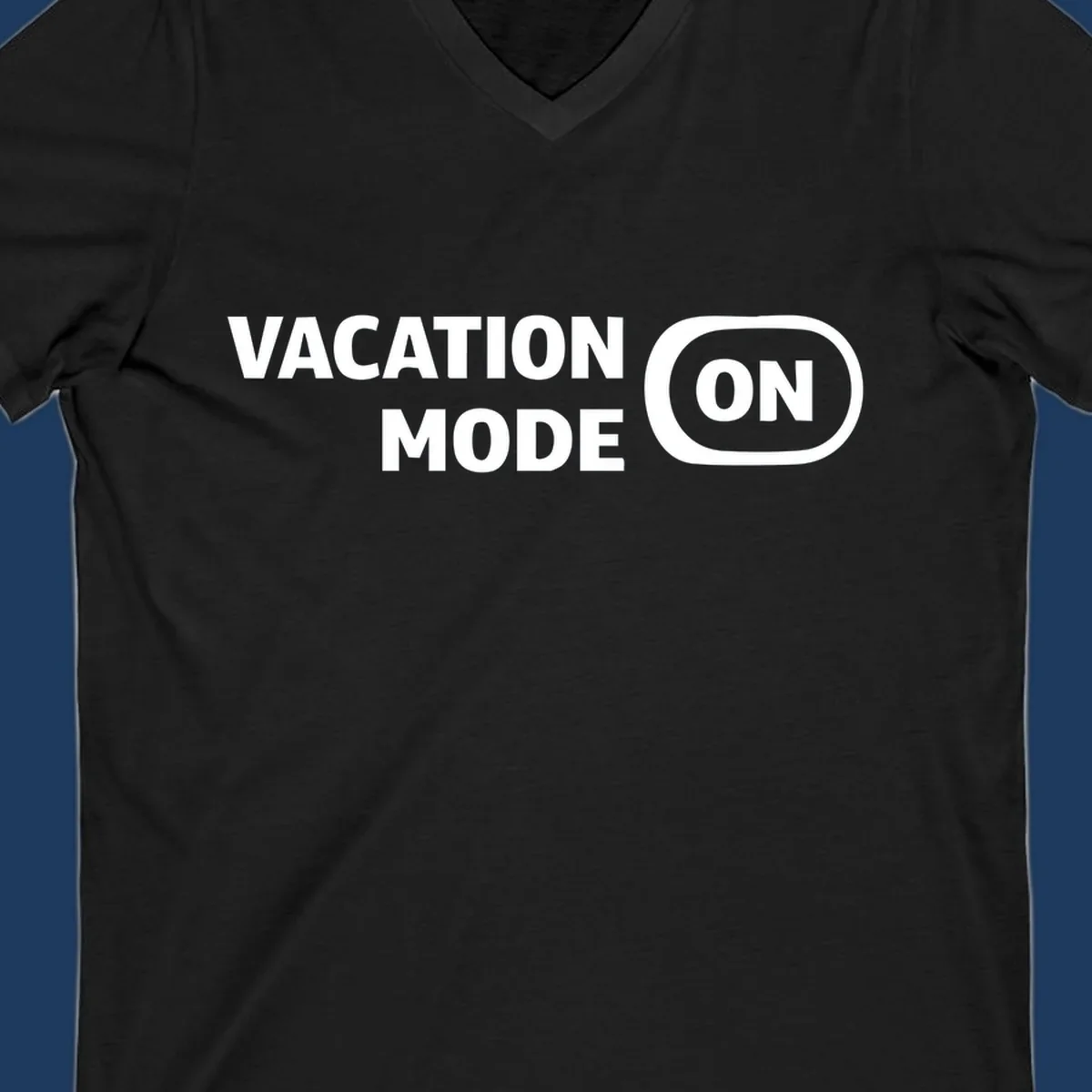 White text reading 'VACATION MODE ON' with 'ON' in a rounded button outline on gray background, vacation-mode-on design
