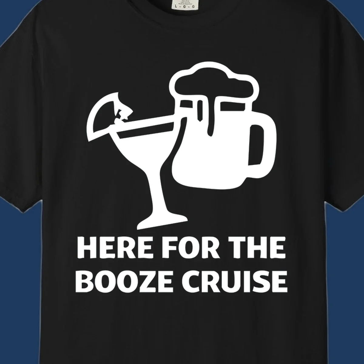Booze cruise party design: minimalist figure holding cocktail and beer mug with text 'Here For The Booze Cruise'