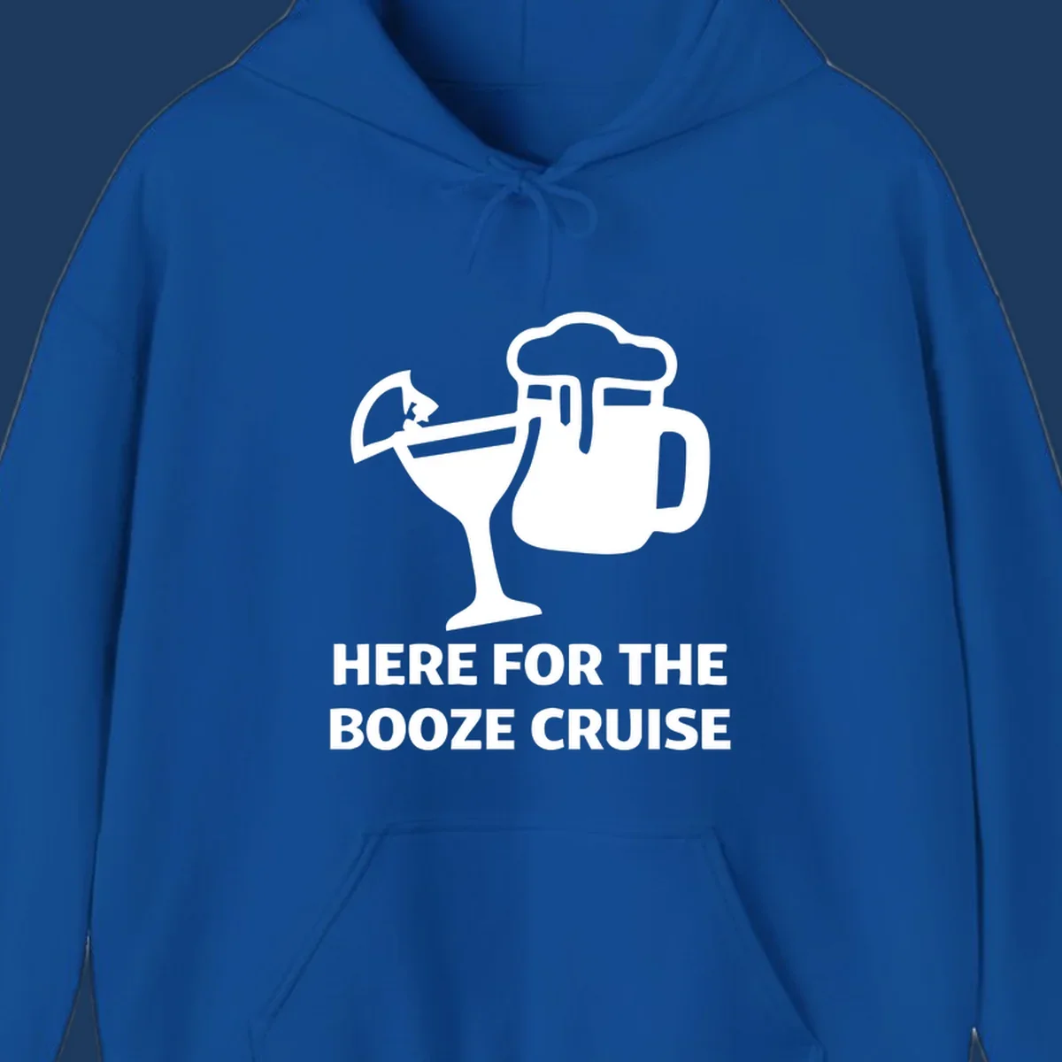 Booze cruise party design: minimalist figure holding cocktail and beer mug with text 'Here For The Booze Cruise'