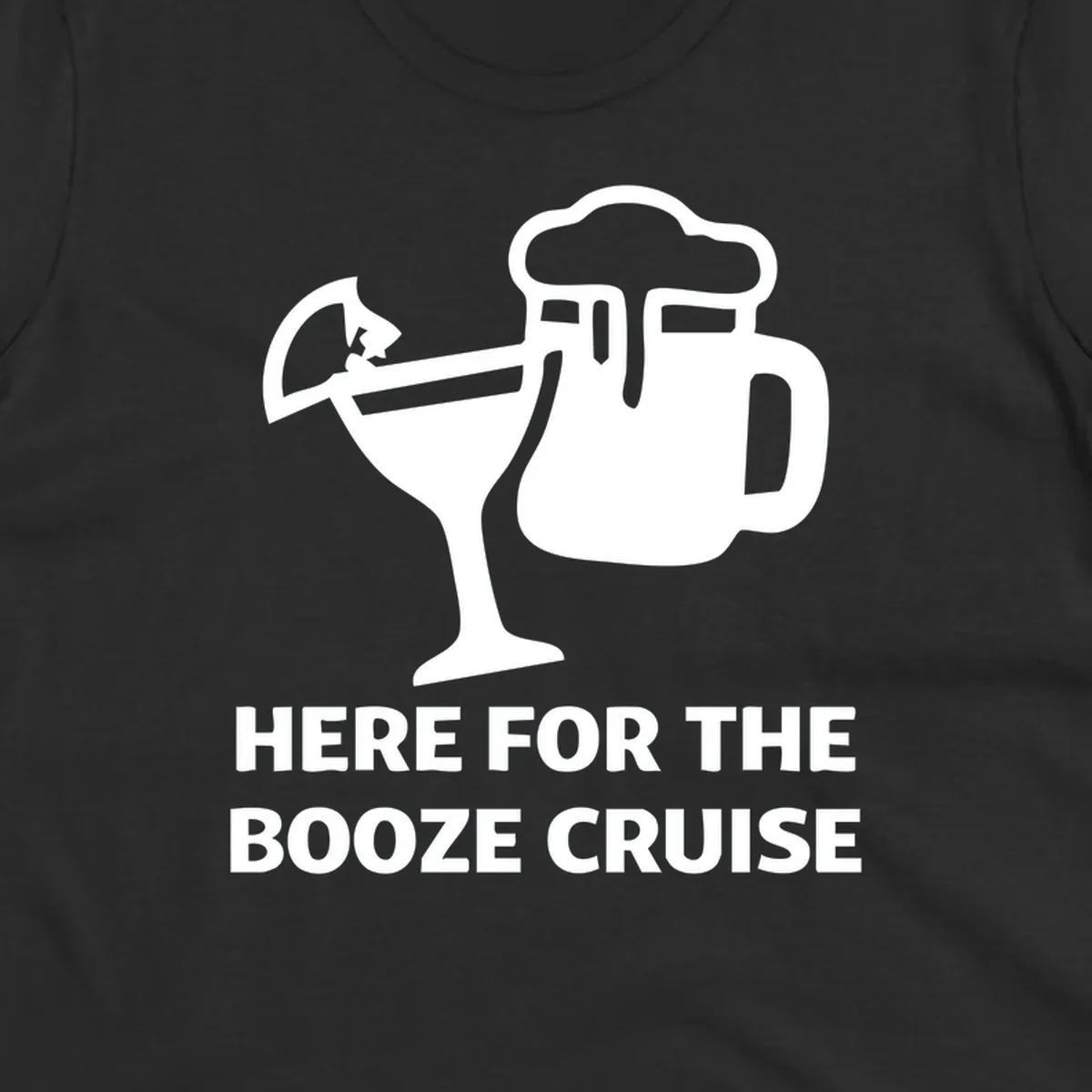 Booze cruise party design: minimalist figure holding cocktail and beer mug with text 'Here For The Booze Cruise'