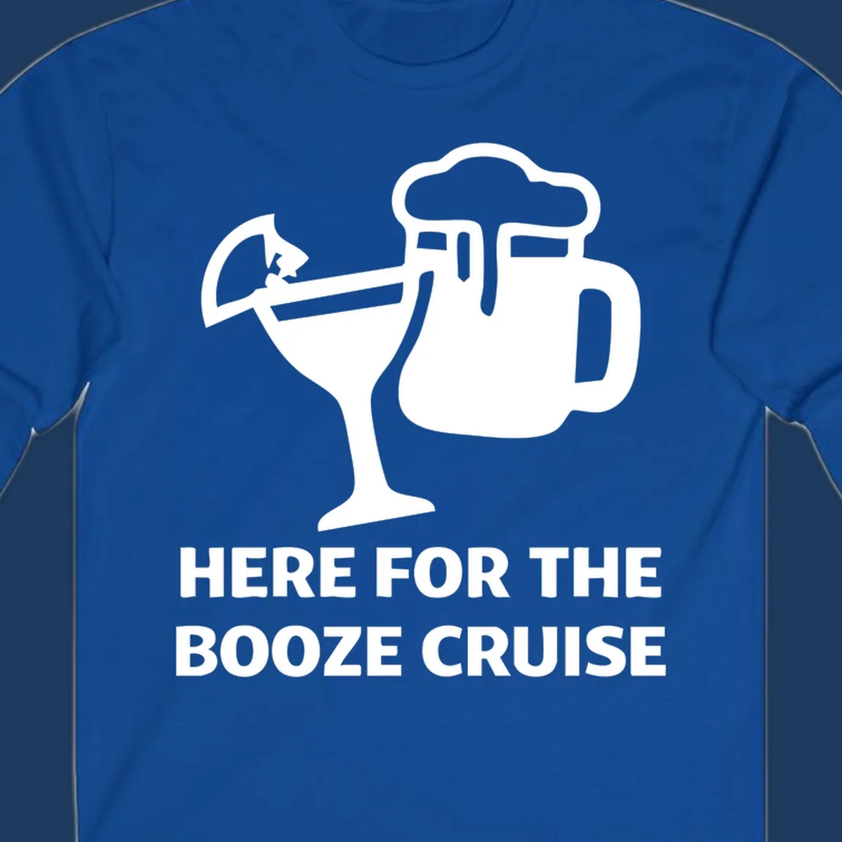 Booze cruise party design: minimalist figure holding cocktail and beer mug with text 'Here For The Booze Cruise'