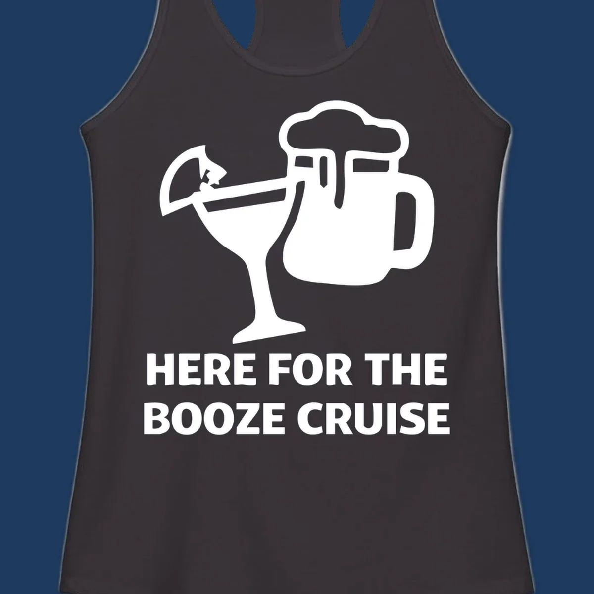 Booze cruise party design: minimalist figure holding cocktail and beer mug with text 'Here For The Booze Cruise'
