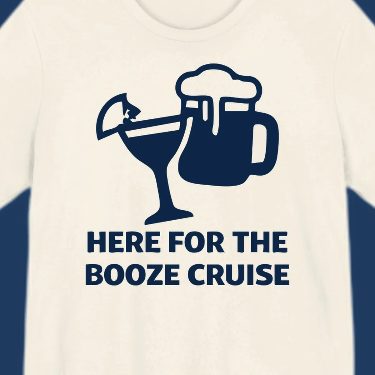 Booze cruise party design: minimalist figure holding cocktail and beer mug with text 'Here For The Booze Cruise'