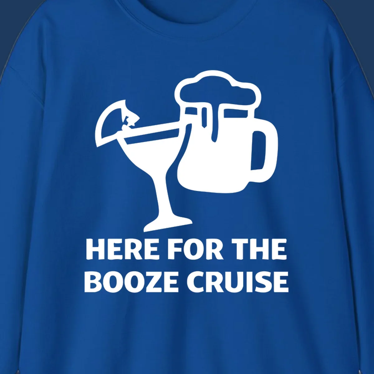 Booze cruise party design: minimalist figure holding cocktail and beer mug with text 'Here For The Booze Cruise'